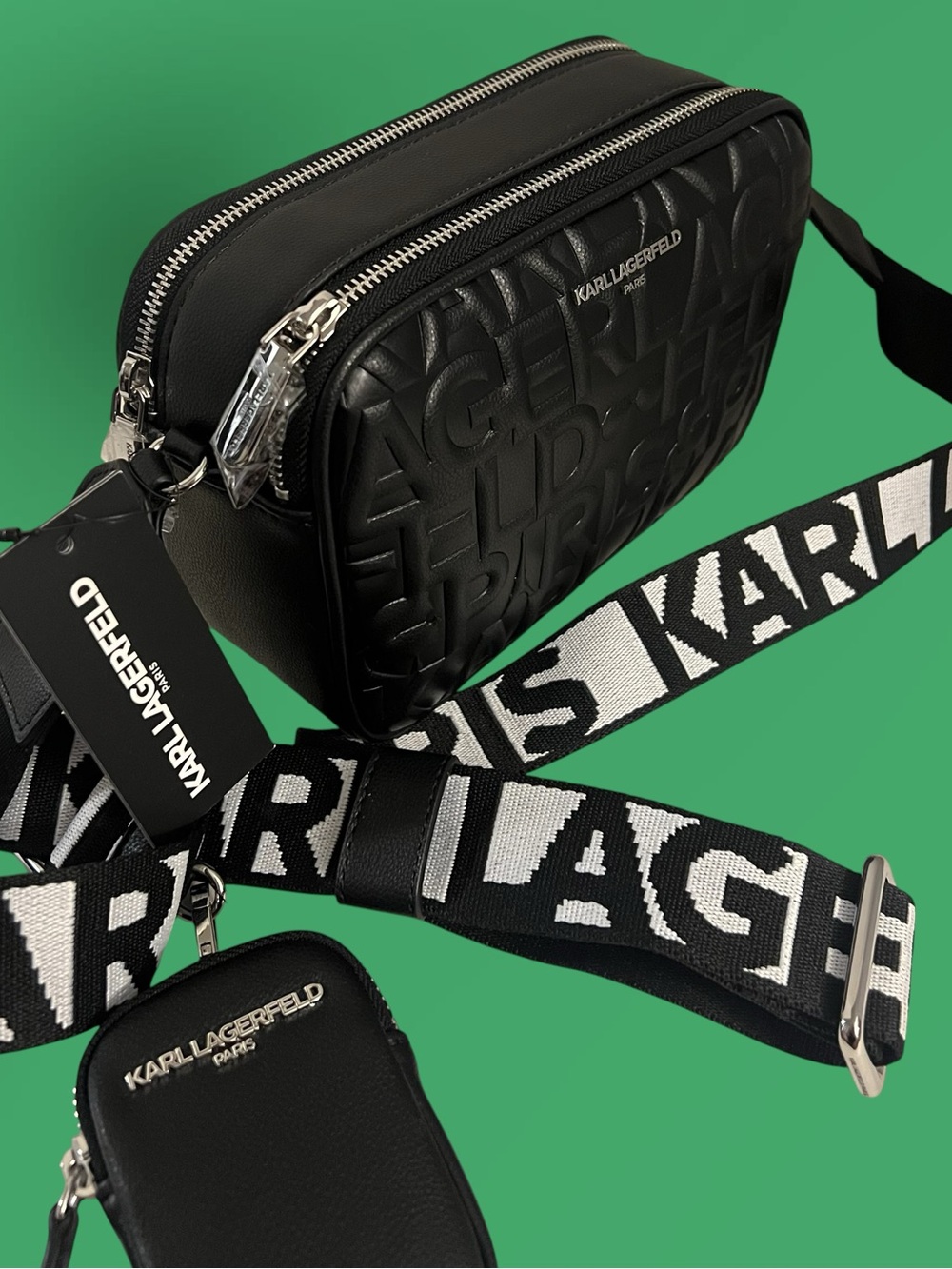 Karl Lagerfeld Black Embossed Belt Bag with Black & White Logo Strap